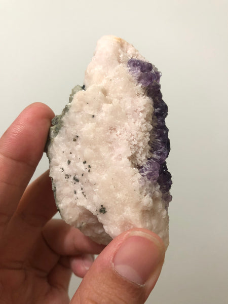 Purple Flourite On Pink Mangano Calcite With Pyrite 194g