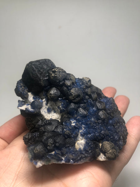 Deep Blue Cubic Fluorite on White Quartz Raw Crystals 368g